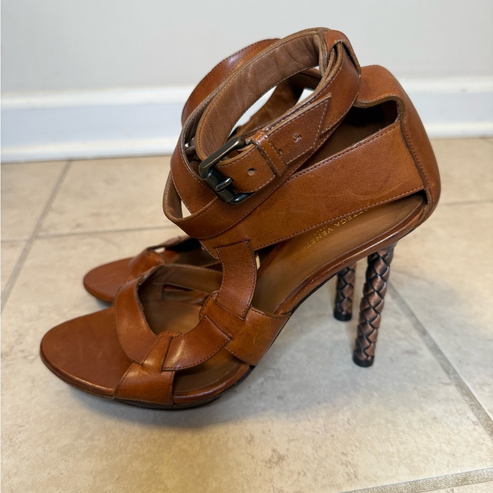 Bottega Veneta Braided Heel Leather Sandals EU 39 Cognac Italy